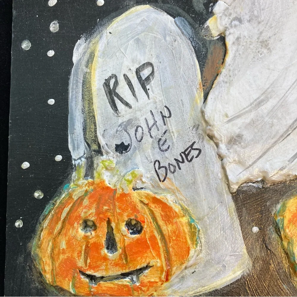Graveyard Pumpkins ” acrylic &  Paper Clay Handmade Original 12”x12”onWood Panel